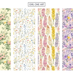 May include: Four floral patterns with the text "GIRL ONE ART" at the top. The patterns feature roses, wildflowers, and lupines in various colors, including yellow, pink, purple, and blue, on a light background.