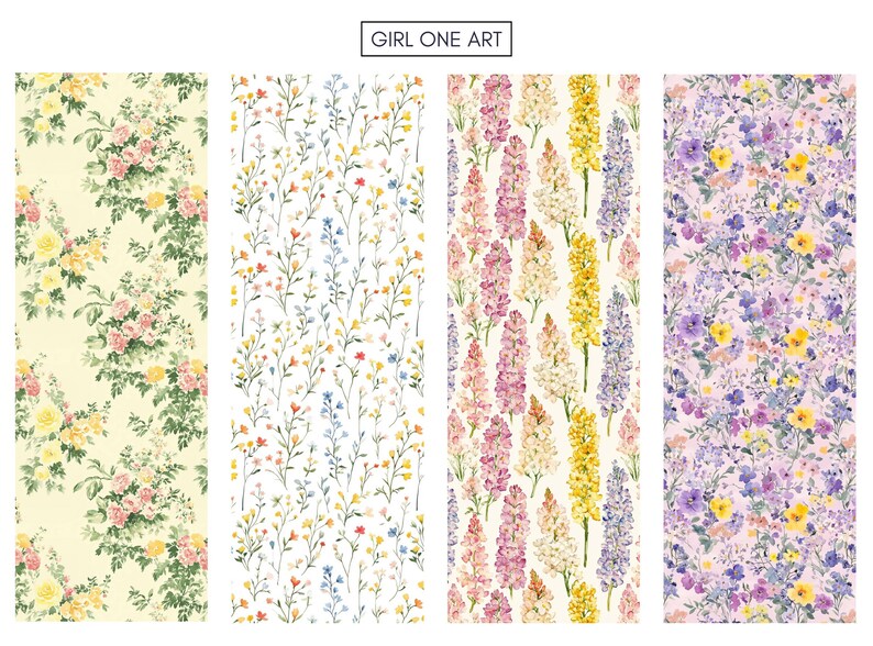 May include: Four floral patterns with the text "GIRL ONE ART" at the top. The patterns feature roses, wildflowers, and lupines in various colors, including yellow, pink, purple, and blue, on a light background.