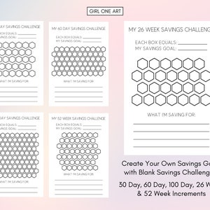 May include: Printable savings challenge tracker with honeycomb grids for 30, 60, 100 days, 26 weeks, and 52 weeks. Each grid has space to write the amount each box equals, savings goal, and what you are saving for.