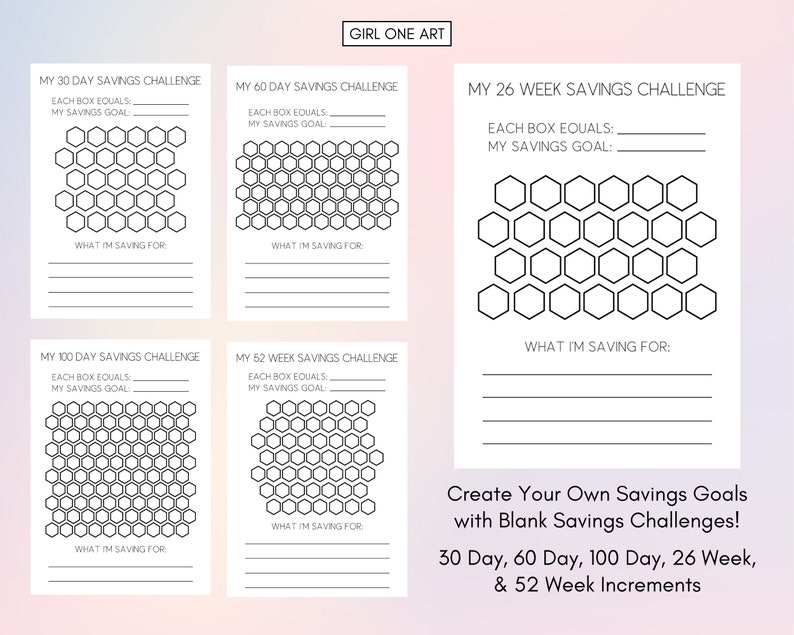 May include: Printable savings challenge tracker with honeycomb grids for 30, 60, 100 days, 26 weeks, and 52 weeks. Each grid has space to write the amount each box equals, savings goal, and what you are saving for.