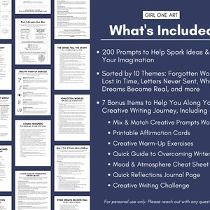 May include: A blue background with white text that reads "What's Included:" and lists 200 creative writing prompts, 7 bonus items, and 10 themes. The themes include Forgotten Worlds, Lost in Time, Letters Never Sent, When Dreams Become Real, and more. The bonus items include a mix and match creative prompts worksheet, printable affirmation cards, creative warm-up exercises, a quick guide to overcoming writer's block, a mood and atmosphere cheat sheet, a quick reflections journal page, and a creative writing challenge.