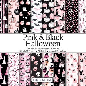 May include: A collection of 20 seamless digital papers with a Halloween theme. The designs feature pink and black patterns with bats, ghosts, pumpkins, witch hats, and polka dots. The text "Pink & Black Halloween" is displayed.