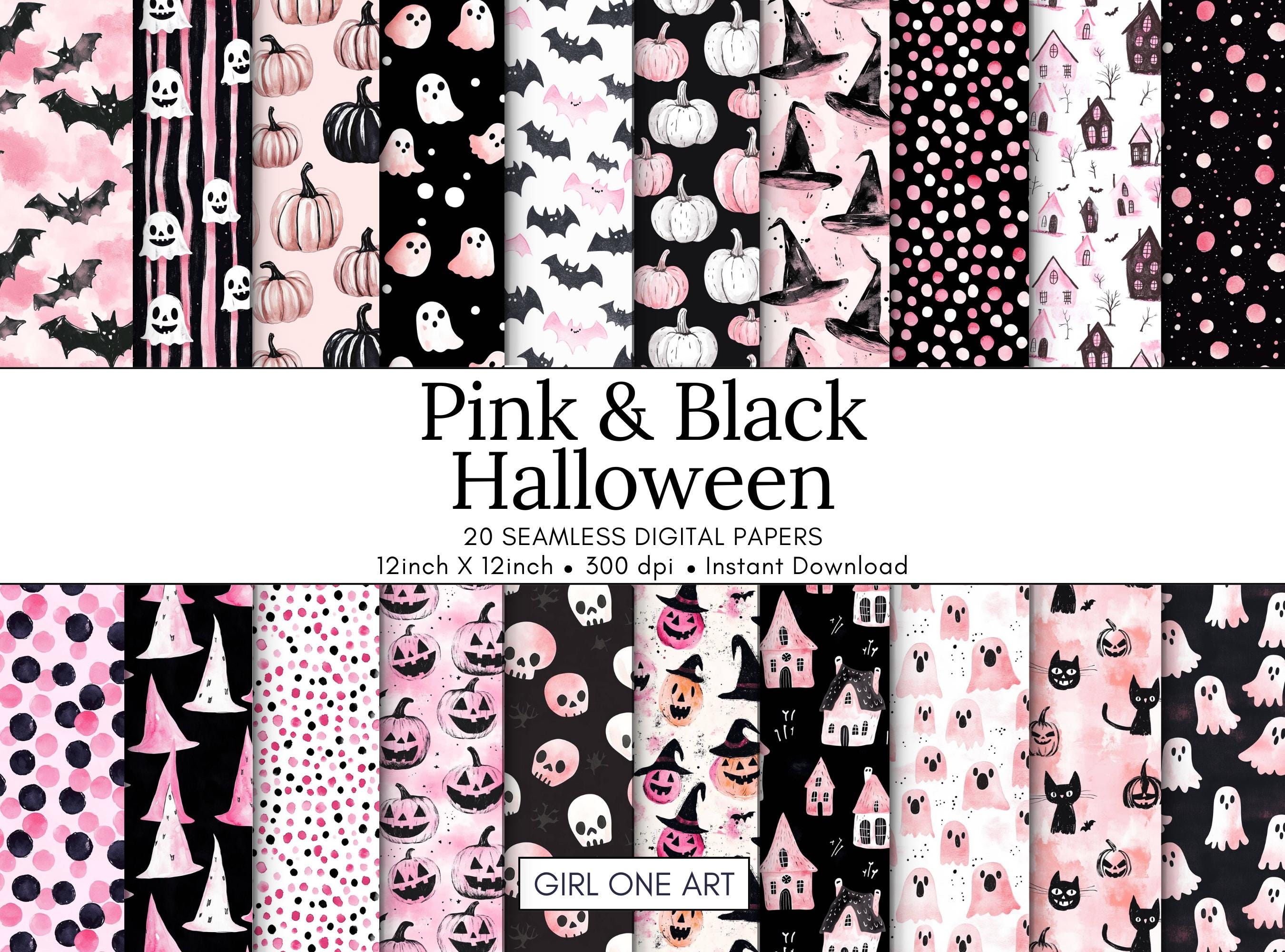 Pink & Black Halloween Digital Paper Pack Seamless Watercolor Spooky ...