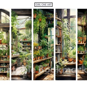 May include: A watercolor painting of a sunlit greenhouse filled with lush green plants and flowers. The greenhouse has wooden shelves and a large window. The painting is titled "GIRL ONE ART".
