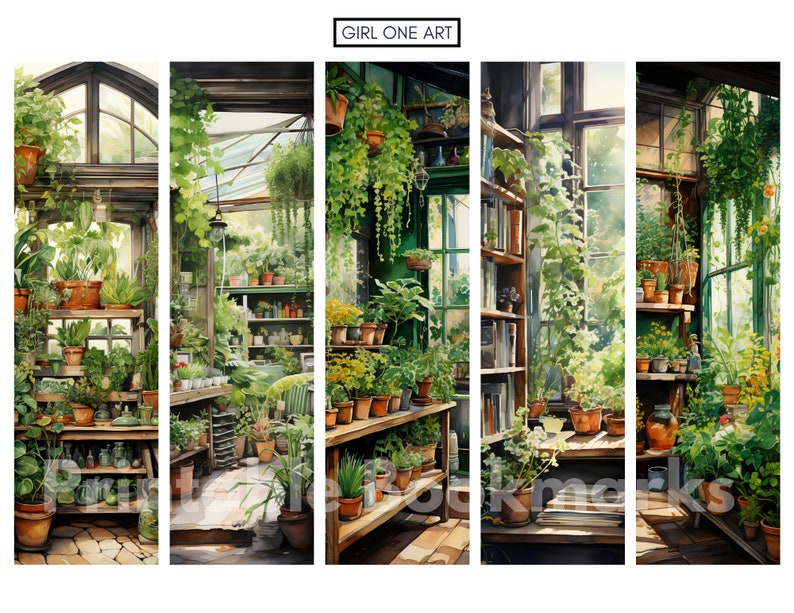 May include: A watercolor painting of a sunlit greenhouse filled with lush green plants and flowers. The greenhouse has wooden shelves and a large window. The painting is titled "GIRL ONE ART".