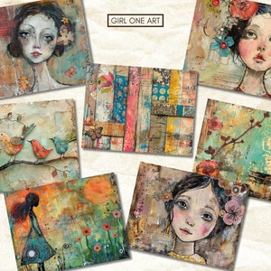 May include: A collection of mixed media art prints featuring whimsical portraits of women, birds, and floral elements. The artwork incorporates a variety of textures and colors, including teal, orange, and brown. The text "GIRL ONE ART" is visible.