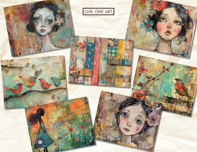 May include: A collection of mixed media art prints featuring whimsical portraits of women, birds, and floral elements. The artwork incorporates a variety of textures and colors, including teal, orange, and brown. The text "GIRL ONE ART" is visible.