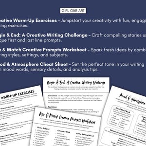 May include: A set of printable worksheets for creative writing exercises. The worksheets include prompts for writing stories, mixing and matching creative prompts, and setting the mood and atmosphere of a story.
