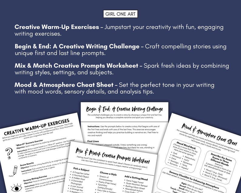 May include: A set of printable worksheets for creative writing exercises. The worksheets include prompts for writing stories, mixing and matching creative prompts, and setting the mood and atmosphere of a story.