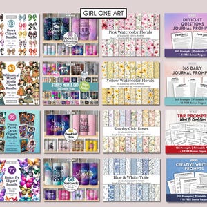 Puede incluir: Una colecci&oacute;n de paquetes de arte digital y avisos imprimibles. La imagen muestra varios temas, incluyendo patrones florales, lazos, mariposas y cartas del tarot. El texto incluye "Girl One Art", "Pink Watercolor Florals" y "Difficult Questions Journal Prompts".
