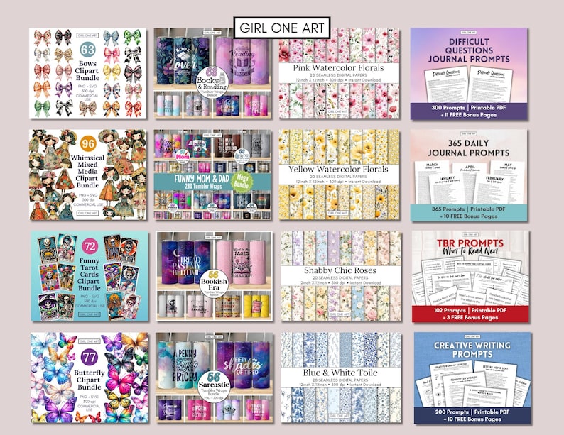 Puede incluir: Una colecci&oacute;n de paquetes de arte digital y avisos imprimibles. La imagen muestra varios temas, incluyendo patrones florales, lazos, mariposas y cartas del tarot. El texto incluye "Girl One Art", "Pink Watercolor Florals" y "Difficult Questions Journal Prompts".