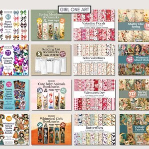 May include: A collage of digital paper packs and clipart bundles for crafting and digital scrapbooking. The packs feature various themes, including spring, butterflies, Valentine's Day, and whimsical girls. Each pack includes a number of digital papers or clipart images.