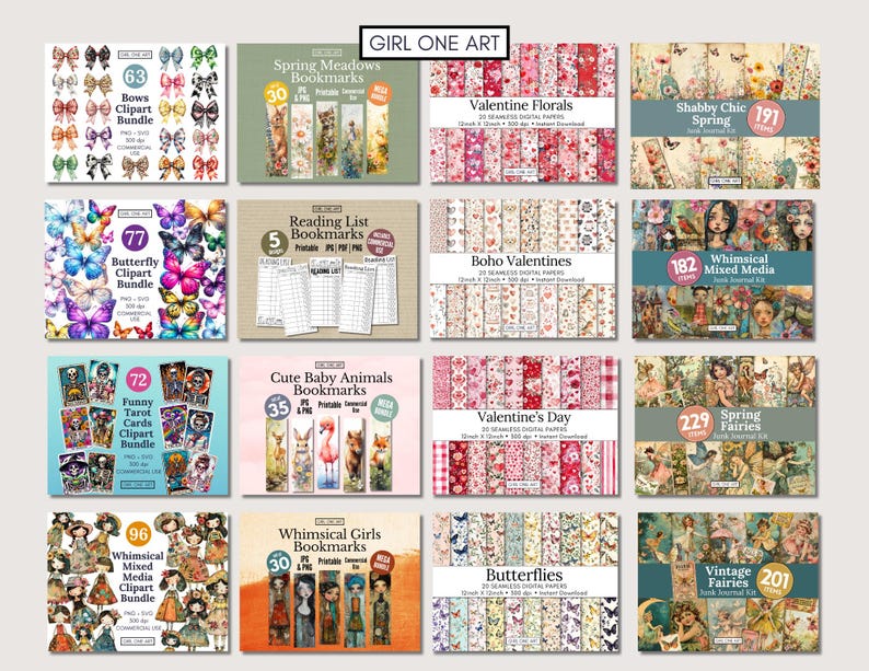 May include: A collage of digital paper packs and clipart bundles for crafting and digital scrapbooking. The packs feature various themes, including spring, butterflies, Valentine's Day, and whimsical girls. Each pack includes a number of digital papers or clipart images.