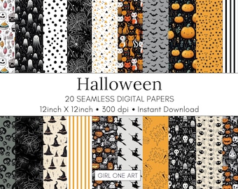 Halloween Digital Paper: Seamless Witch, Pumpkin, Bat Patterns (Digital Download)