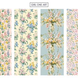 May include: Four vertical floral patterns. The patterns feature watercolor designs of flowers in various colors, including pink, yellow, blue, and white. The patterns are set against backgrounds of light pink, cream, and light blue. The text "GIRL ONE ART" is at the top.