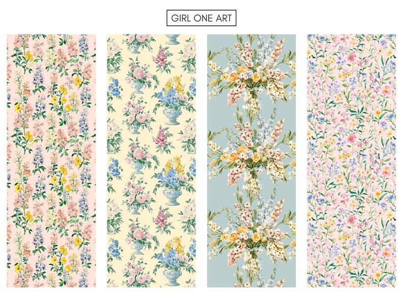 May include: Four vertical floral patterns. The patterns feature watercolor designs of flowers in various colors, including pink, yellow, blue, and white. The patterns are set against backgrounds of light pink, cream, and light blue. The text "GIRL ONE ART" is at the top.