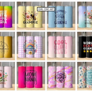 May include: A set of 12 colorful stainless steel tumblers with various designs and text related to grandmothers. The designs include floral patterns, checkered patterns, and text such as "My Favorite People Call Me Grandma", "Best Grandma Ever", "Cool Grandma Club", and "World's Okayest Grandma".
