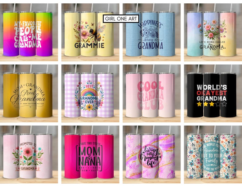 May include: A set of 12 colorful stainless steel tumblers with various designs and text related to grandmothers. The designs include floral patterns, checkered patterns, and text such as "My Favorite People Call Me Grandma", "Best Grandma Ever", "Cool Grandma Club", and "World's Okayest Grandma".