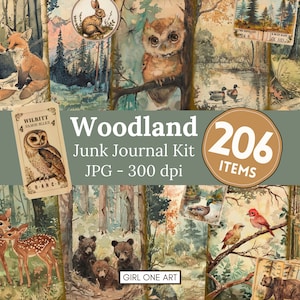 Kit de diario basura del bosque, descarga digital, papel para álbum de recortes, hojas de collage de hadas del bosque, zorro, oso, ciervo, efímera, fondos imprimibles JPG