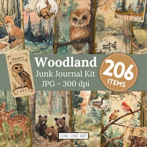 Woodland Junk Journal Kit Digital Download Scrapbook Paper Forest Fairy Collage Sheets Fox Bear Deer Ephemera Printable Backgrounds JPG image 1