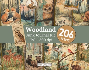 Woodland Junk Journal Kit Digital Download Scrapbook Papier Wald Fee Collage Sheets Fuchs Bär Hirsch Ephemera druckbare Hintergründe JPG