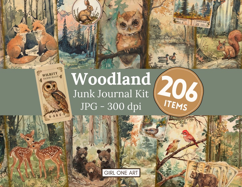 Woodland Junk Journal Kit Digital Download Scrapbook Paper Forest Fairy Collage Sheets Fox Bear Deer Ephemera Printable Backgrounds JPG image 1