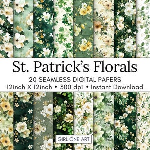 Fleurs de la Saint-Patrick, papier sans couture, arrière-plans numériques, trèfle porte-bonheur, motifs shamrock, agenda de fleurs shabby chic, journal irlandais Saint Junk