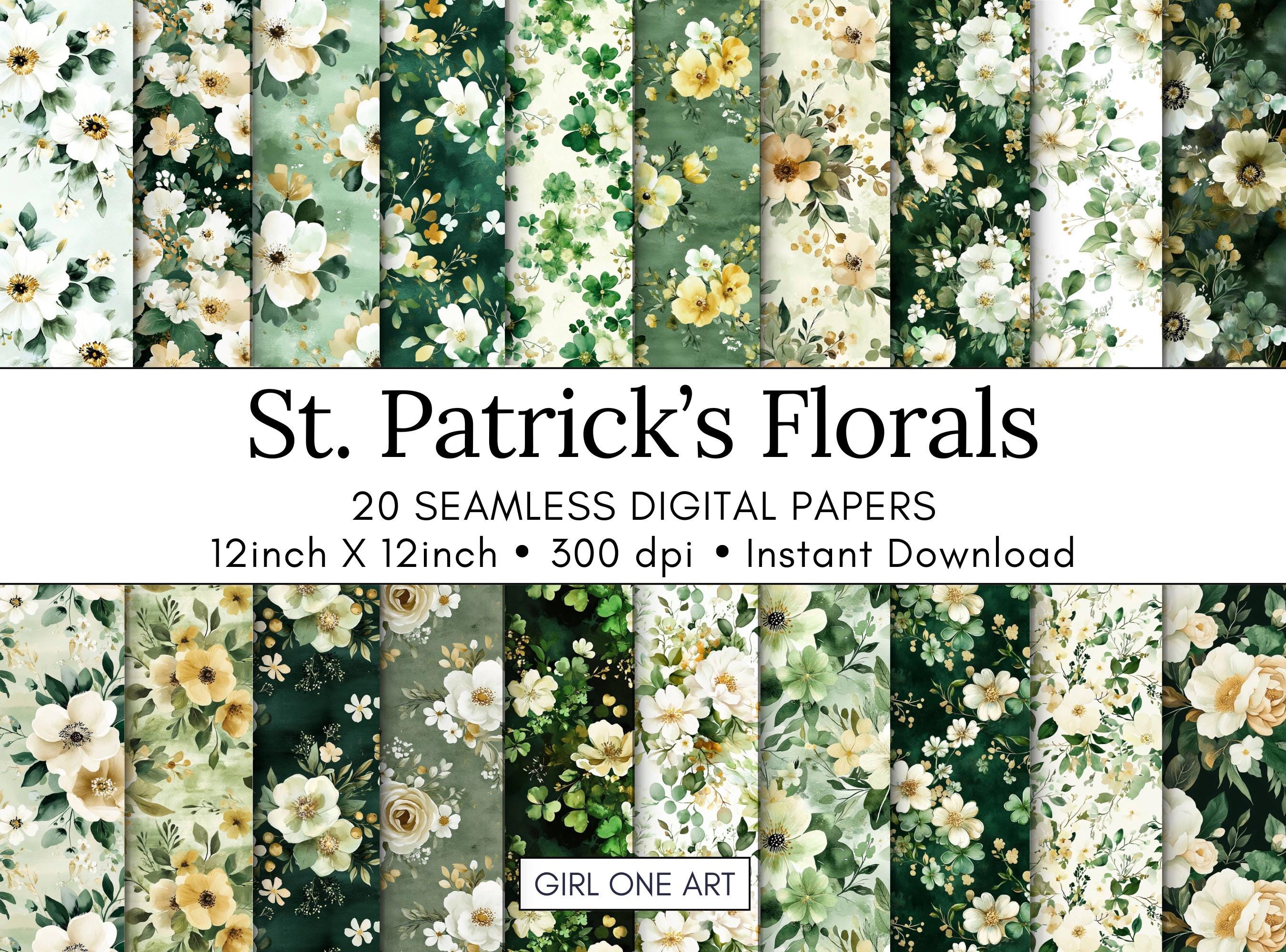 St. Patrick's Florals Nahtlose Papier Digitale Hintergründe Glücksklee Kleeblatt Muster Shabby Chic Blumen Planer Irisch Saint Junk Journal