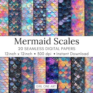 May include: A collection of 20 digital papers featuring seamless mermaid scale patterns in various colors. The scales are in shades of blue, purple, pink, and gold. The text "Mermaid Scales" is displayed above the product details, including the size of 12 inches by 12 inches.