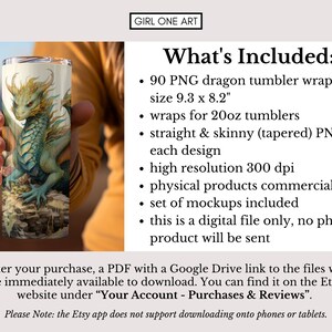 May include: A set of 90 digital dragon tumbler wraps, designed for 20 ounce tumblers. The wraps are high resolution, 300 dpi, and include straight and skinny (tapered) PNGs for each design. The image shows a green and gold dragon on a white background.