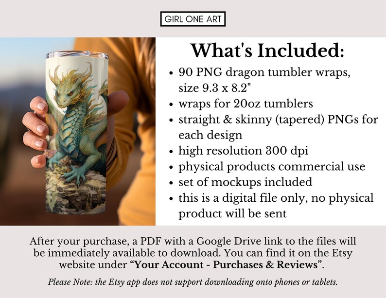 May include: A set of 90 digital dragon tumbler wraps, designed for 20 ounce tumblers. The wraps are high resolution, 300 dpi, and include straight and skinny (tapered) PNGs for each design. The image shows a green and gold dragon on a white background.