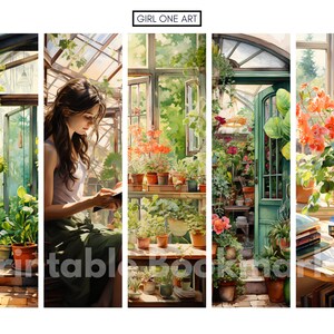 May include: A woman sits in a sunlit greenhouse reading a book. The greenhouse is filled with lush green plants and flowers, including a large orange geranium in a pot on a table. The scene is bright and airy, with sunlight streaming through the glass roof.