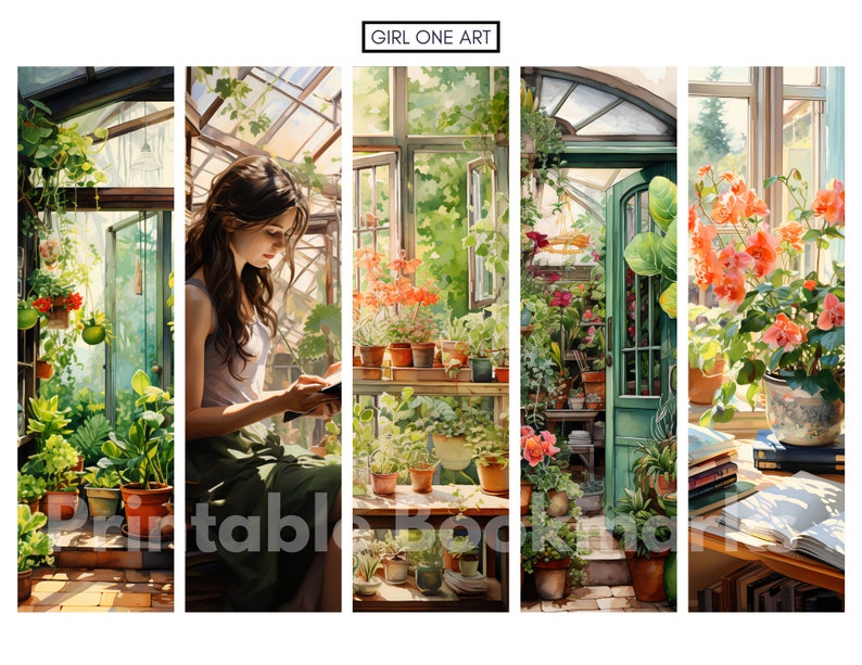 May include: A woman sits in a sunlit greenhouse reading a book. The greenhouse is filled with lush green plants and flowers, including a large orange geranium in a pot on a table. The scene is bright and airy, with sunlight streaming through the glass roof.