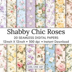 20 Shabby Chic Roses Printable Paper Seamless Romantic Floral Digital Download Vintage Scrapbook Paper Flower Junk Journal JPG Collage Sheet