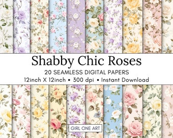 20 Shabby Chic Roses Printable Paper Seamless Romantic Floral Digital Download Vintage Scrapbook Paper Flower Junk Journal JPG Collage Sheet