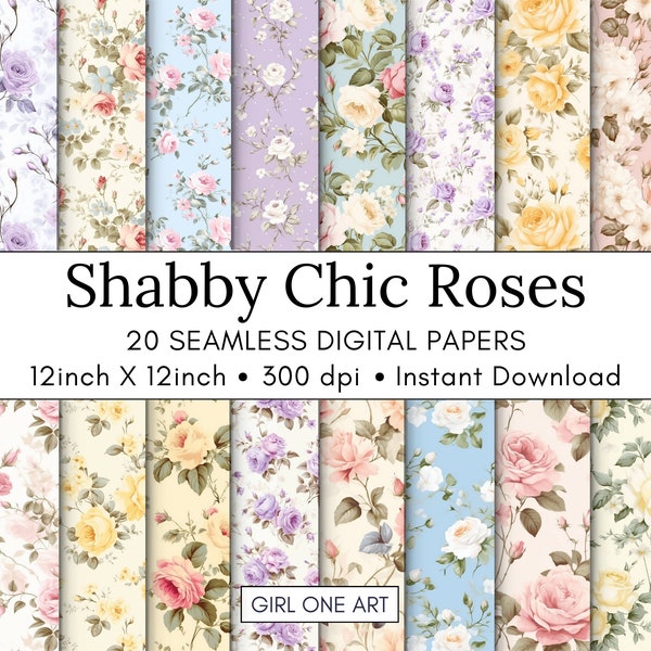 20 Shabby Chic Roses Printable Paper Seamless Romantic Floral Digital Download Vintage Scrapbook Paper Flower Junk Journal JPG Collage Sheet