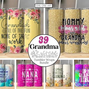 May include: A set of 39 tumbler wraps featuring various designs and sayings related to grandmothers. The designs include floral patterns, glitter, and text. Some of the sayings include "Grandkids all of the fun none of the work", "Mommy knows a lot but Grandma knows everything!" and "Being a Grandma doesn't make me old it makes me blessed".