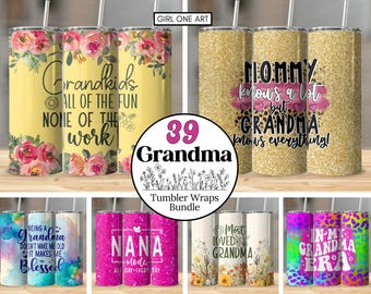 Grandma Tumbler Wrap Bundle: Floral Glitter 20oz PNG Designs (Digital Download)