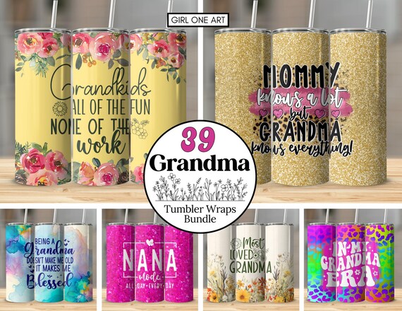 Grandma Tumbler Wrap Bundle: Floral Glitter 20oz PNG Designs (Digital Download)