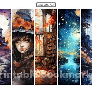 May include: Set of five printable bookmarks featuring different fantasy scenes. The bookmarks include a spooky house with a moon in the background, a girl with a witch hat and autumn leaves, a library with a window and bookshelves, a blue river with glowing lights in the trees, and a river flowing through a rocky landscape with a moon and stars in the sky.
