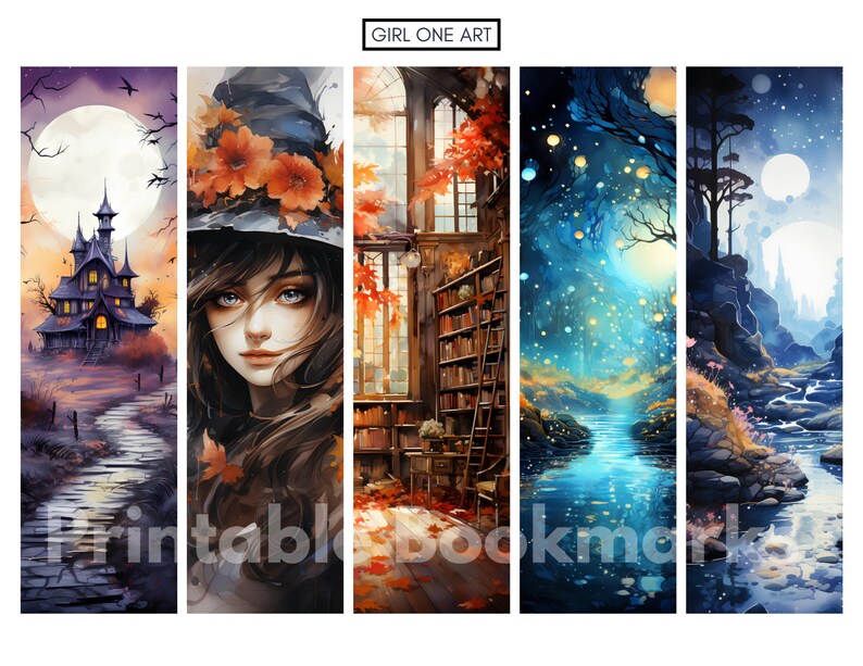 May include: Set of five printable bookmarks featuring different fantasy scenes. The bookmarks include a spooky house with a moon in the background, a girl with a witch hat and autumn leaves, a library with a window and bookshelves, a blue river with glowing lights in the trees, and a river flowing through a rocky landscape with a moon and stars in the sky.