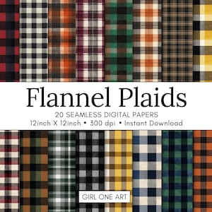 May include: A collection of 20 seamless digital papers featuring various flannel plaid patterns. The designs include a variety of colors such as red, black, orange, green, and yellow. Each paper is 12 inches by 12 inches and 300 dpi. The text "Flannel Plaids" is displayed.