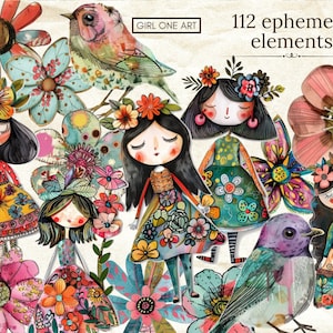 May include: A collection of 112 ephemera elements featuring whimsical illustrations. The image includes colorful drawings of birds, flowers, and dolls with floral crowns. The text "GIRL ONE ART" and "112 ephemera elements" are visible.