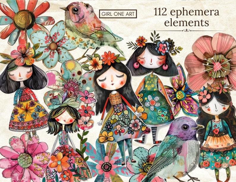 May include: A collection of 112 ephemera elements featuring whimsical illustrations. The image includes colorful drawings of birds, flowers, and dolls with floral crowns. The text "GIRL ONE ART" and "112 ephemera elements" are visible.