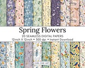 Spring Flowers Seamless Paper: Digital Shabby Chic Ditsy Floral Printable Fabric, Wildflower Junk Journal, Butterflies Birds Patterns
