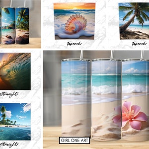May include: Three different designs for a stainless steel tumbler. The first design features a beach scene with palm trees and a sunset. The second design features a beach scene with a seashell and a wave. The third design features a beach scene with a pink flower and a wave.