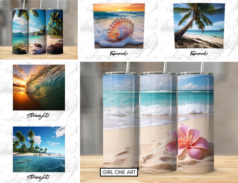 May include: Three different designs for a stainless steel tumbler. The first design features a beach scene with palm trees and a sunset. The second design features a beach scene with a seashell and a wave. The third design features a beach scene with a pink flower and a wave.