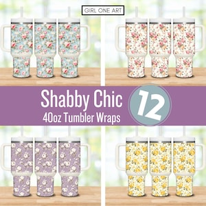 40 oz Shabby Chic Tumbler Wrap Bundel PNG Quencher Handvat Tumbler Sublimatie Design Digital Stanley 40 oz Boho Bloemen Roos Wilde Bloemen