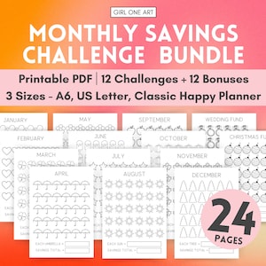 May include: A printable PDF bundle of 24 pages with 12 monthly savings challenges and 12 bonus pages. The challenges include saving for a wedding fund, Christmas fund, and more. The pages are designed for A6, US Letter, and Classic Happy Planner sizes.