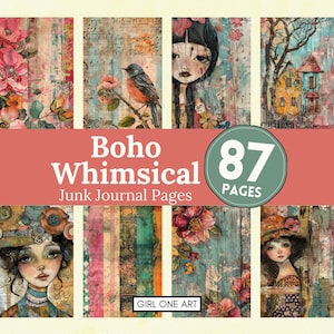 Boho caprichoso mídia mista lixo diário páginas jpg download digital colorido scrapbook papel pássaros florais meninas fundos caprichosos para impressão